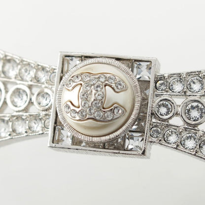 Chanel B23s Coco Mark Rhinestone Pearl Ribbon Necklace Accessories Silver