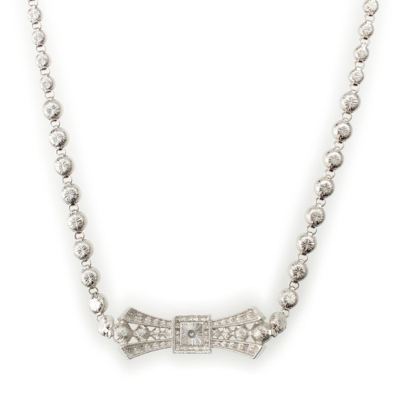 Chanel B23s Coco Mark Rhinestone Pearl Ribbon Necklace Accessories Silver