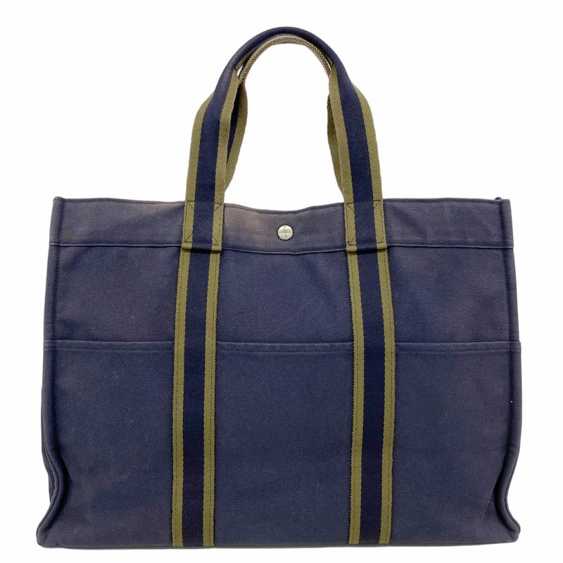 Hermes Tote Bag Fourre Tout GM Canvas Navy Green Silver Hardware Women
