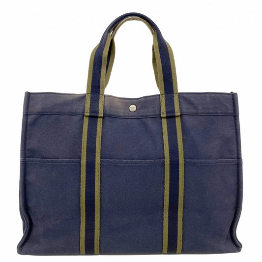 Hermes Tote Bag Fourre Tout GM Canvas Navy Green Silver Hardware Women