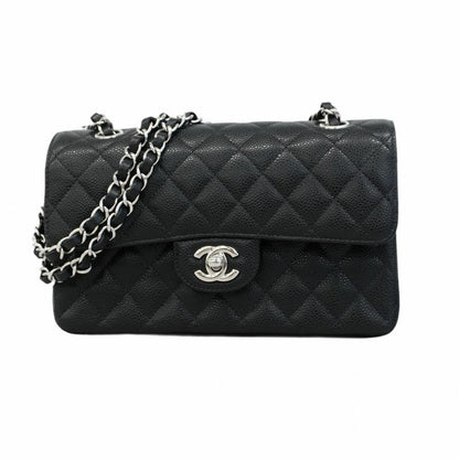 Chanel Shoulder Bag Matelasse Caviar Skin Black Silver Hardware Women