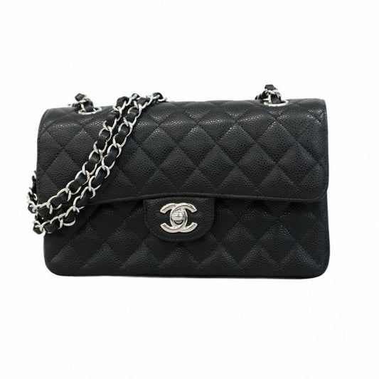 Chanel Shoulder Bag Matelasse Caviar Skin Black Silver Hardware Women