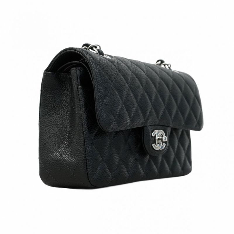 Chanel Shoulder Bag Matelasse Caviar Skin Black Silver Hardware Women