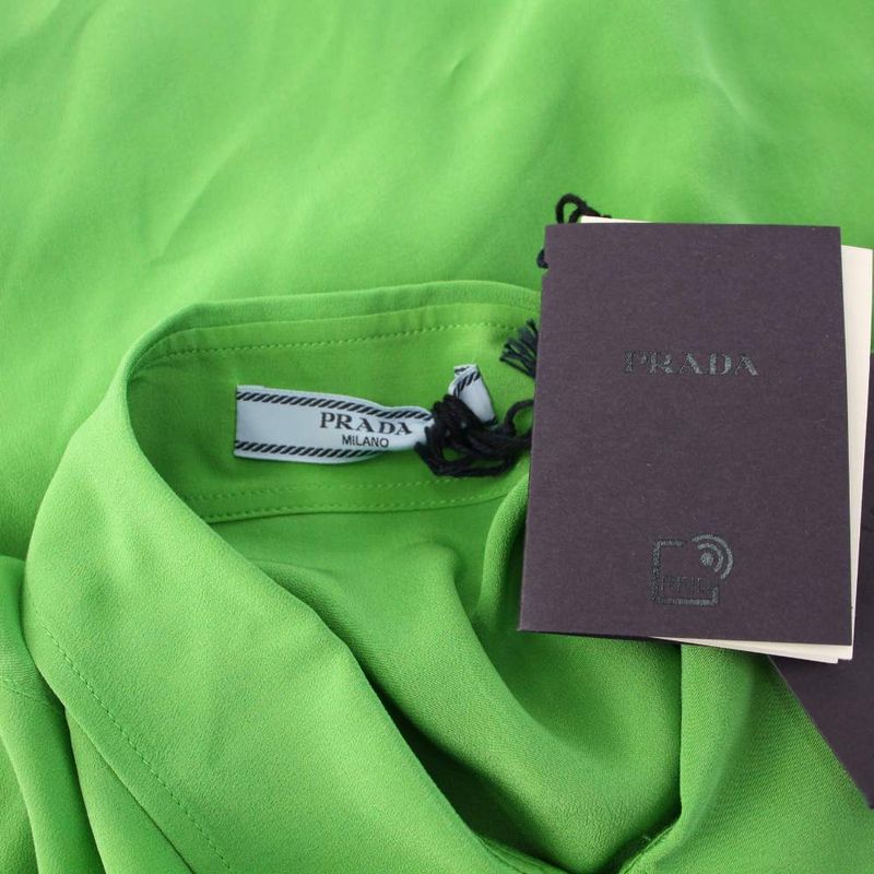 Prada Tagged 22ss Silk Shirt Blouse Long Sleeves 42 Green P473f KH