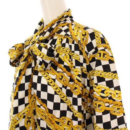 Balenciaga Bow Tie Shirt Blouse Short Sleeves Satin Allover Silk 38 Yellow
