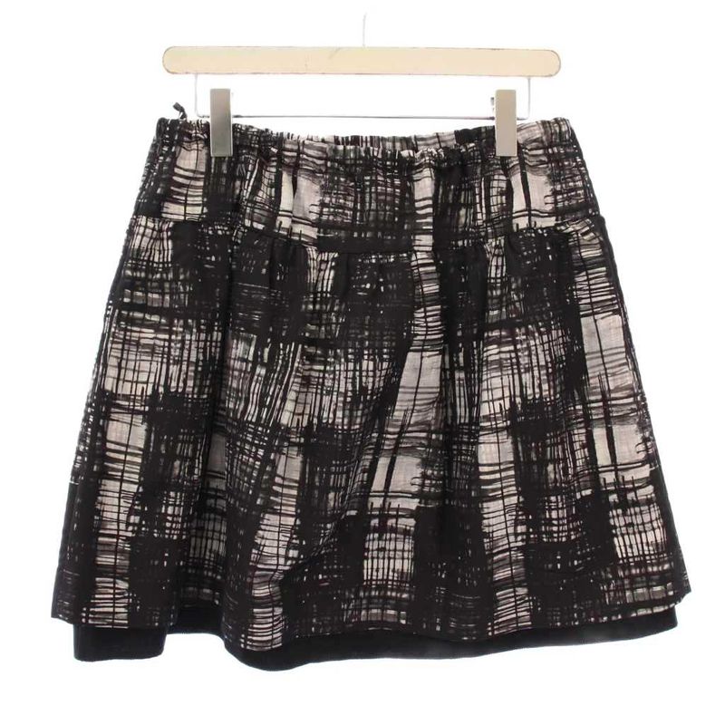 Prada Flared Skirt Mini Length Full Pattern Bicolor Silk 40 Black White BB