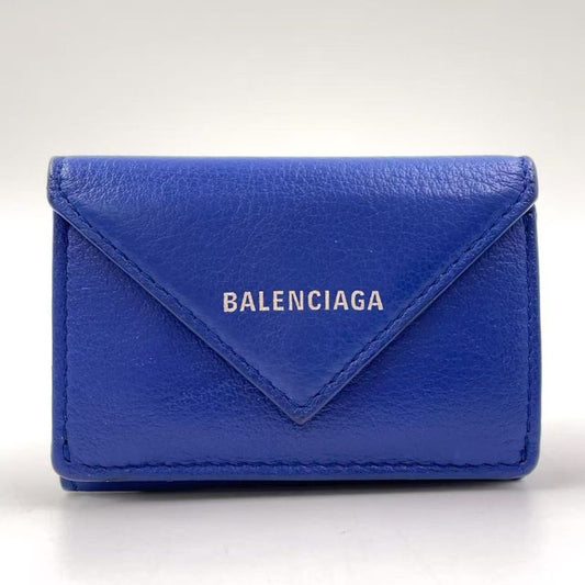 Balenciaga Paper Mini Leather Blue Trifold Wallet Silver