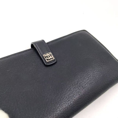 Chanel Coco Mark 15th Leather Black Wallet Silver
