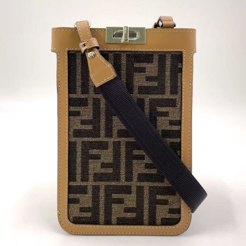Fendi Zucca Pattern Phone Case Canvas Brown and Beige Shoulder Bag Silver