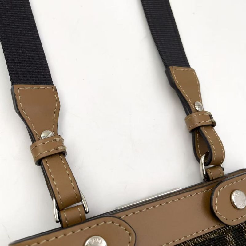 Fendi Zucca Pattern Phone Case Canvas Brown and Beige Shoulder Bag Silver