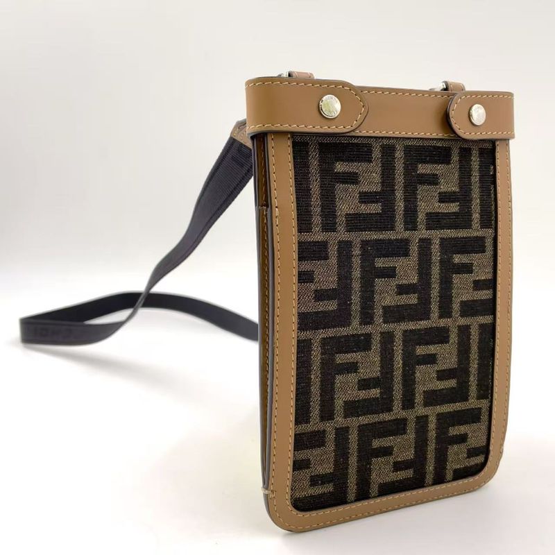 Fendi Zucca Pattern Phone Case Canvas Brown and Beige Shoulder Bag Silver