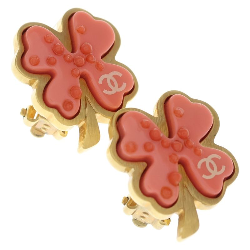 Chanel Coco Mark Clover Motif Earring Gold X Pink GP