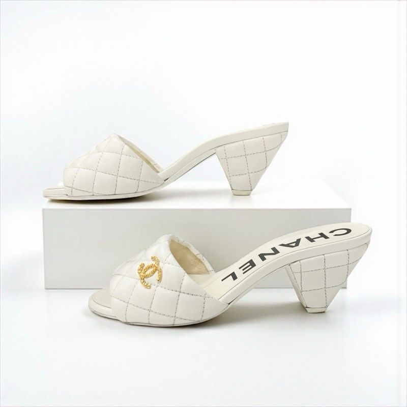 Chanel Sandals Shoes Leather White Gold Coco Mark Matelasse Mules