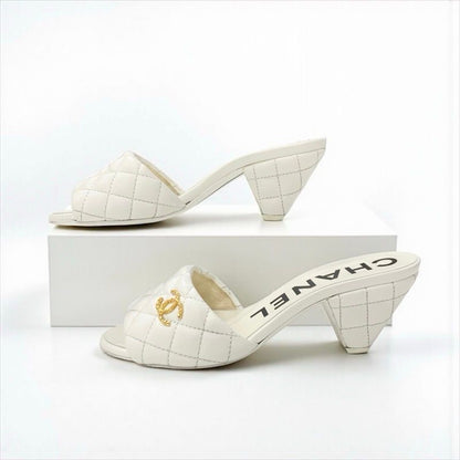Chanel Sandals Shoes Leather White Gold Coco Mark Matelasse Mules