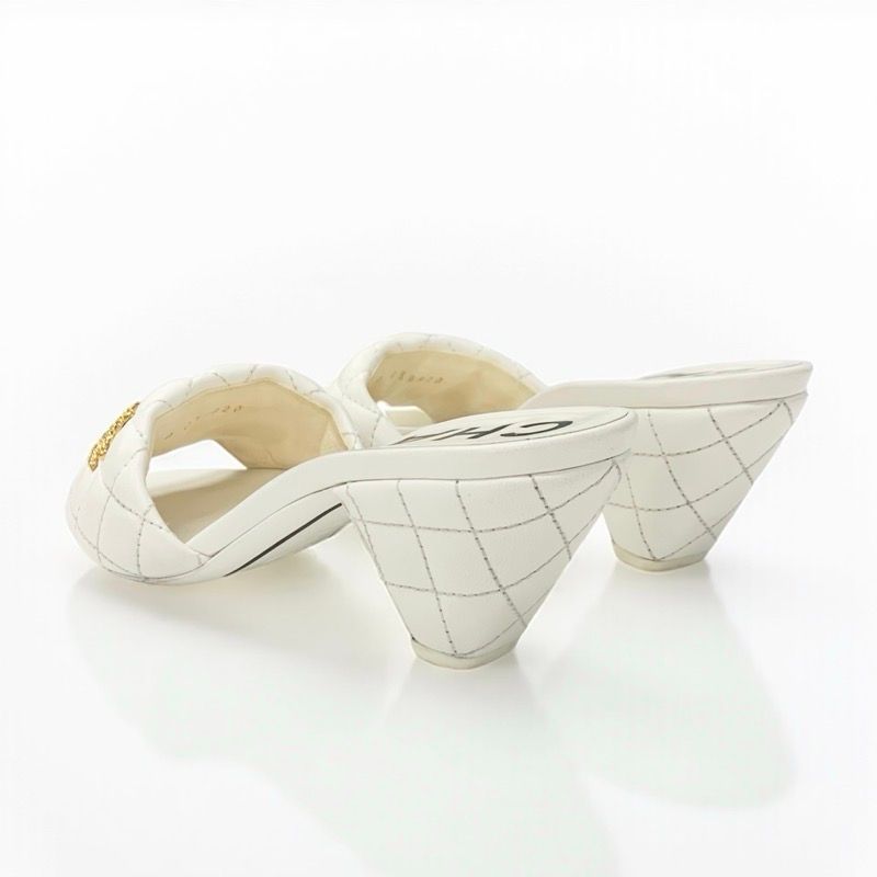 Chanel Sandals Shoes Leather White Gold Coco Mark Matelasse Mules