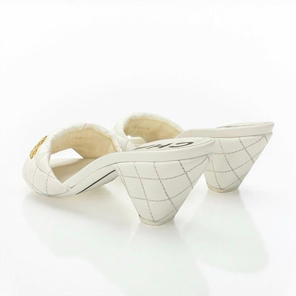 Chanel Sandals Shoes Leather White Gold Coco Mark Matelasse Mules