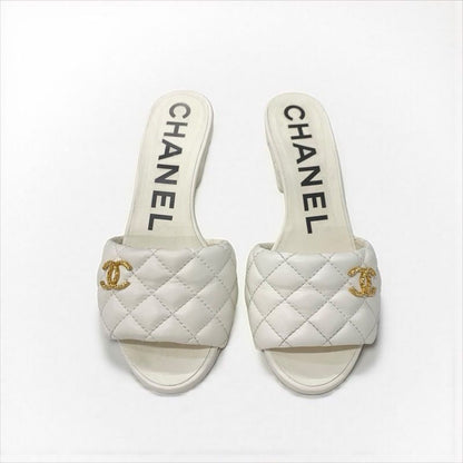 Chanel Sandals Shoes Leather White Gold Coco Mark Matelasse Mules