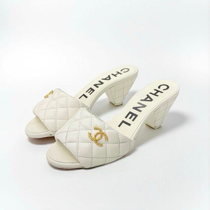 Chanel Sandals Shoes Leather White Gold Coco Mark Matelasse Mules