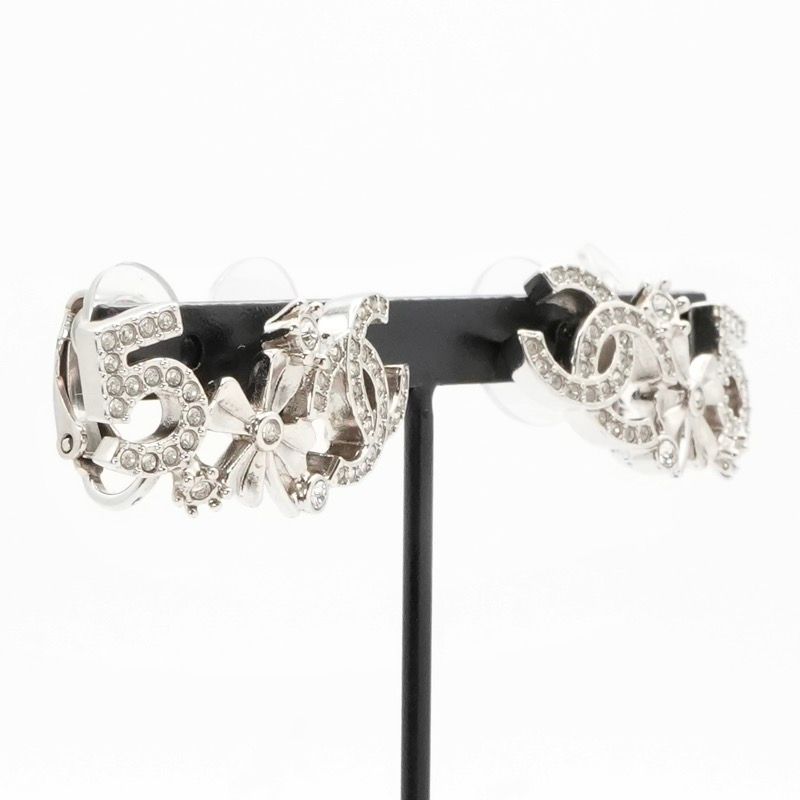Chanel Earrings Earring Silver Coco Mark No5 Clover Rhinestone
