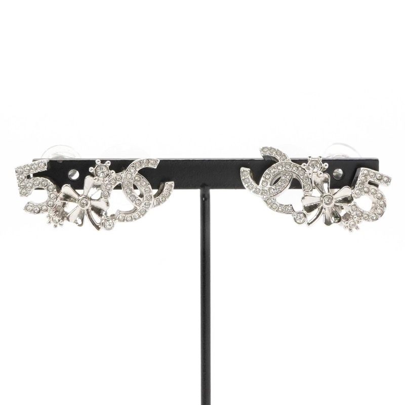 Chanel Earrings Earring Silver Coco Mark No5 Clover Rhinestone