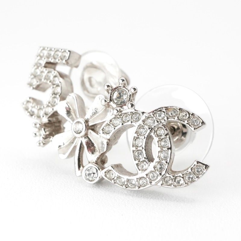 Chanel Earrings Earring Silver Coco Mark No5 Clover Rhinestone