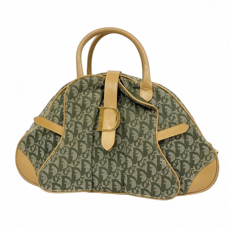 Christian Dior Handbag Trotter Canvas Green Beige Gold Hardware Women