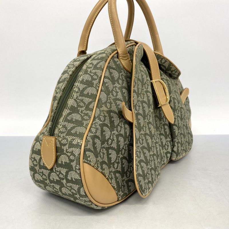 Christian Dior Handbag Trotter Canvas Green Beige Gold Hardware Women
