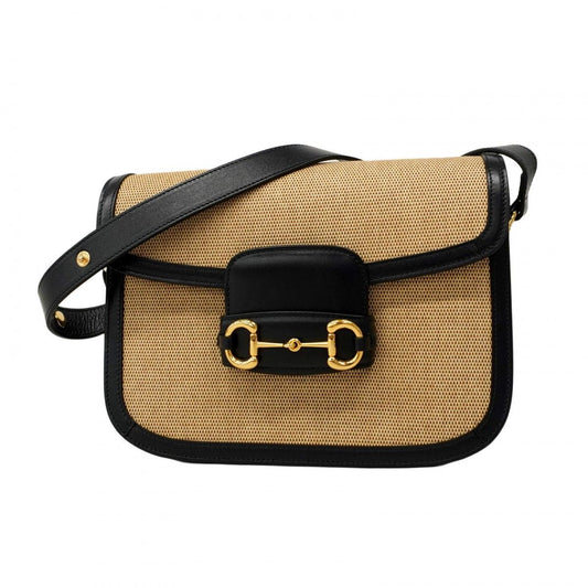Gucci Shoulder Bag Horsebit 1955 602204 Canvas Navy Beige Gold