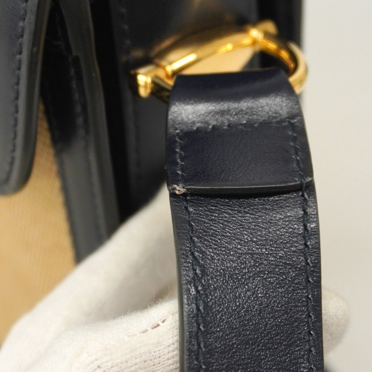 Gucci Shoulder Bag Horsebit 1955 602204 Canvas Navy Beige Gold