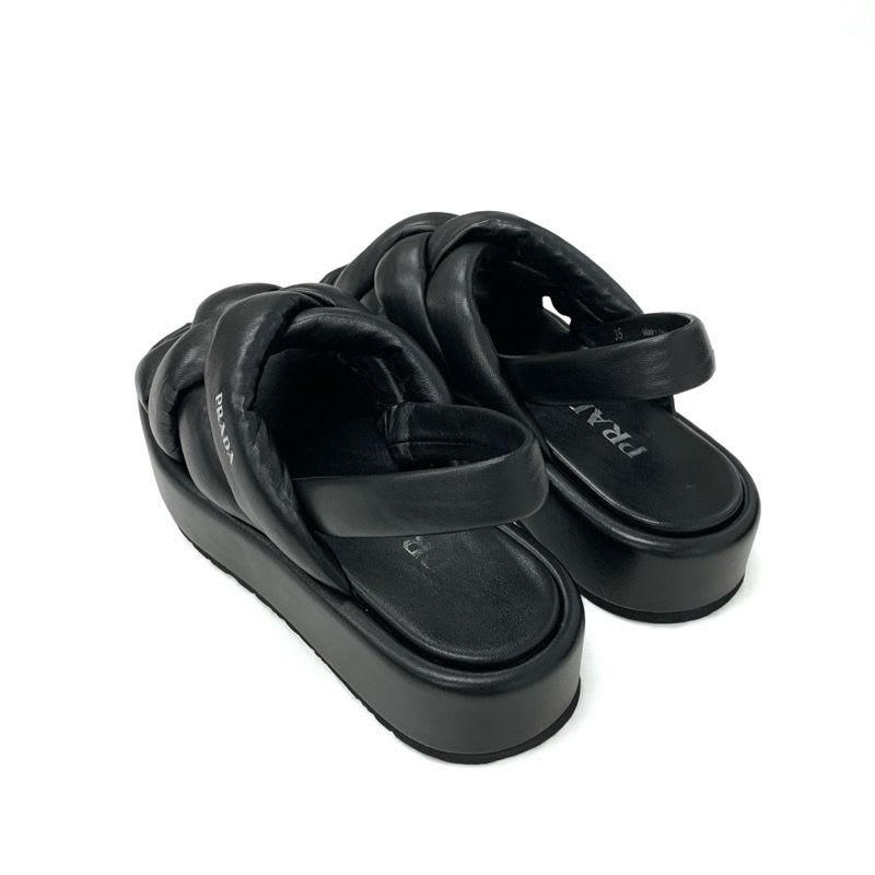 Prada Sandals Shoes Leather Black Logo Platform Padded Nappa