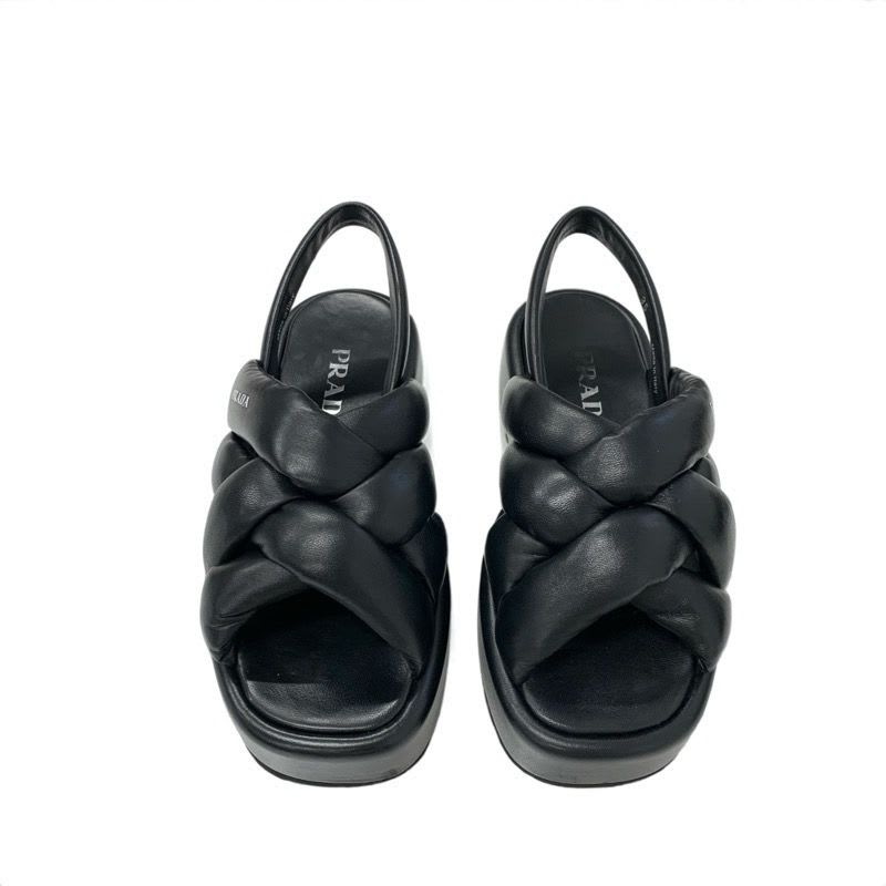 Prada Sandals Shoes Leather Black Logo Platform Padded Nappa