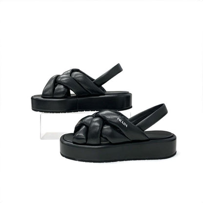 Prada Sandals Shoes Leather Black Logo Platform Padded Nappa