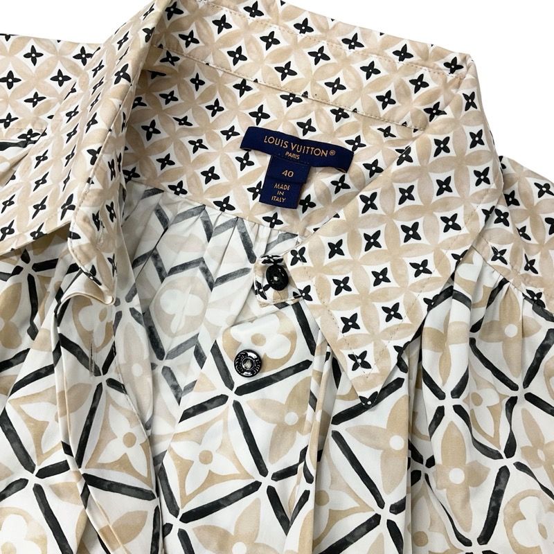 Louis Vuitton Tops Cotton Beige Monogram Tile Cape Blouse Shirt Cropped Length