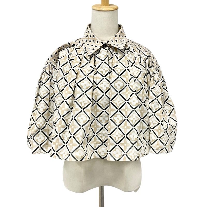 Louis Vuitton Tops Cotton Beige Monogram Tile Cape Blouse Shirt Cropped Length