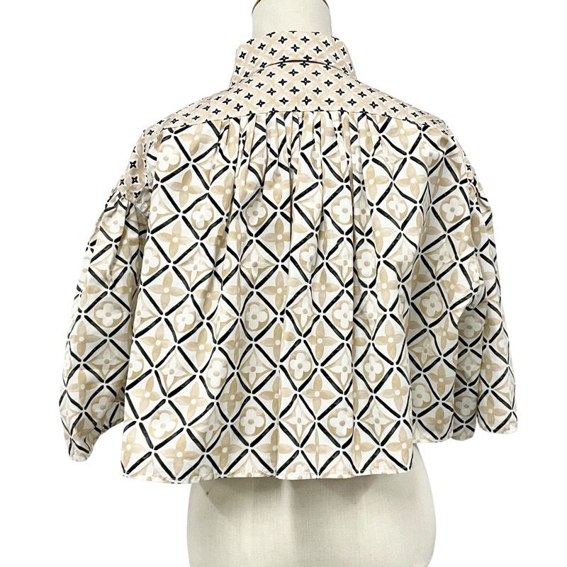 Louis Vuitton Tops Cotton Beige Monogram Tile Cape Blouse Shirt Cropped Length