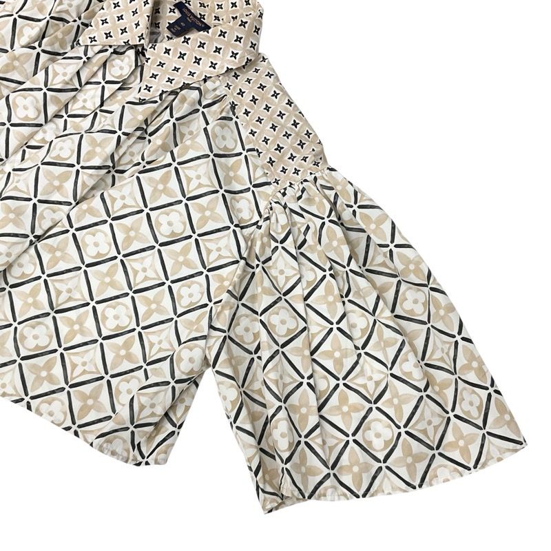 Louis Vuitton Tops Cotton Beige Monogram Tile Cape Blouse Shirt Cropped Length