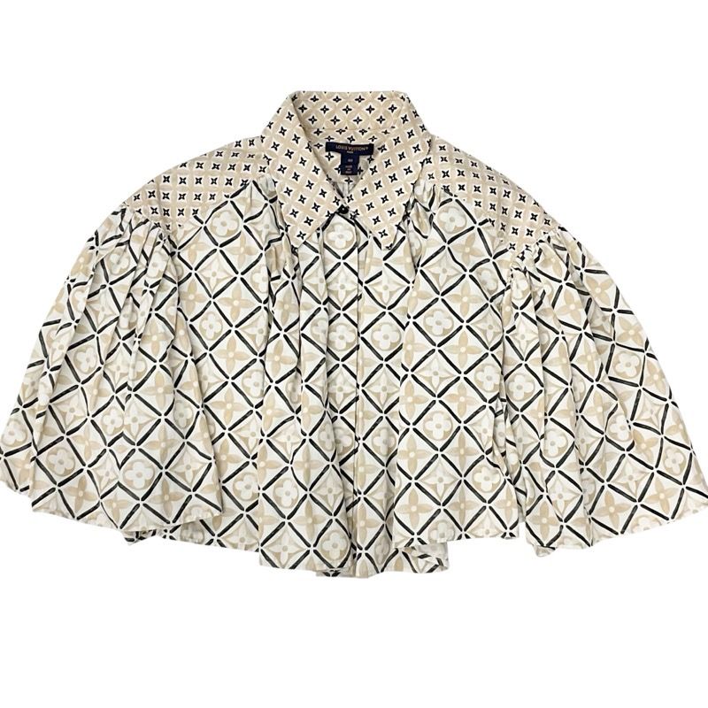 Louis Vuitton Tops Cotton Beige Monogram Tile Cape Blouse Shirt Cropped Length