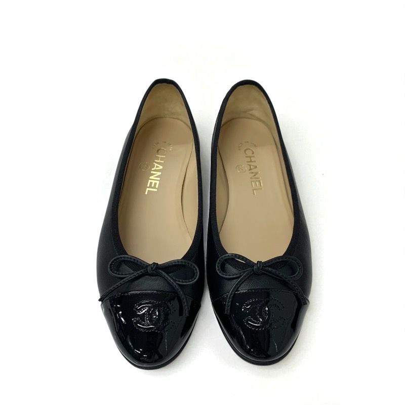 Chanel Flat Shoes Leather Patent Black Here Mark Ribbon Ballerina Ballet Shoes