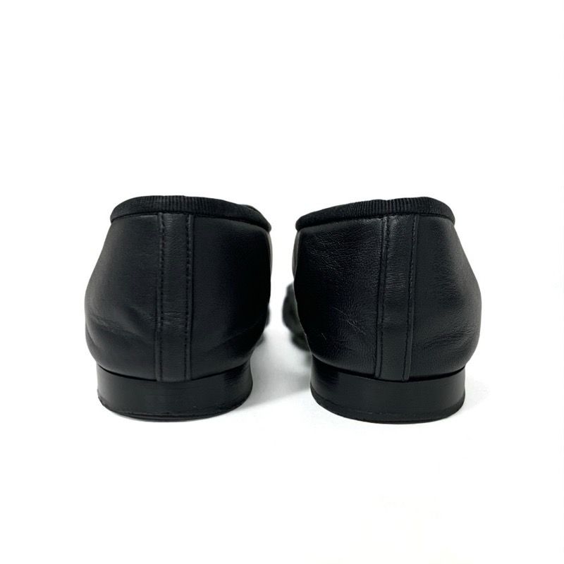 Chanel Flat Shoes Leather Patent Black Here Mark Ribbon Ballerina Ballet Shoes