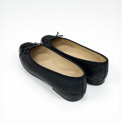 Chanel Flat Shoes Leather Patent Black Here Mark Ribbon Ballerina Ballet Shoes