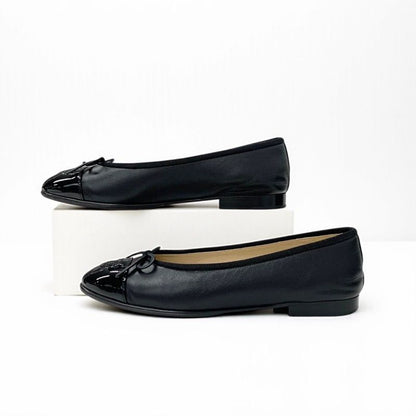Chanel Flat Shoes Leather Patent Black Here Mark Ribbon Ballerina Ballet Shoes