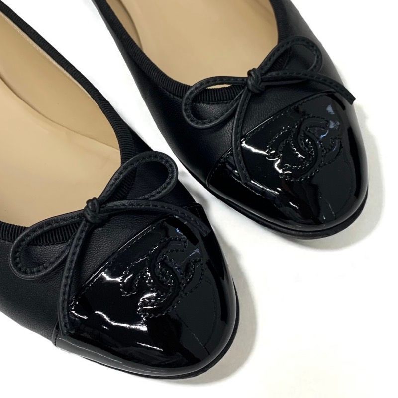 Chanel Flat Shoes Leather Patent Black Here Mark Ribbon Ballerina Ballet Shoes