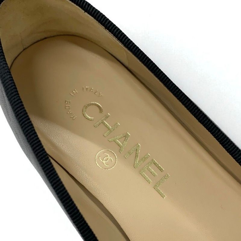 Chanel Flat Shoes Leather Patent Black Here Mark Ribbon Ballerina Ballet Shoes
