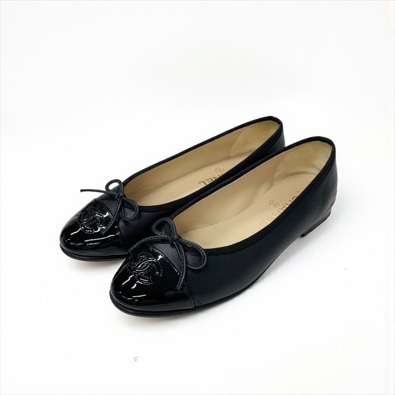 Chanel Flat Shoes Leather Patent Black Here Mark Ribbon Ballerina Ballet Shoes