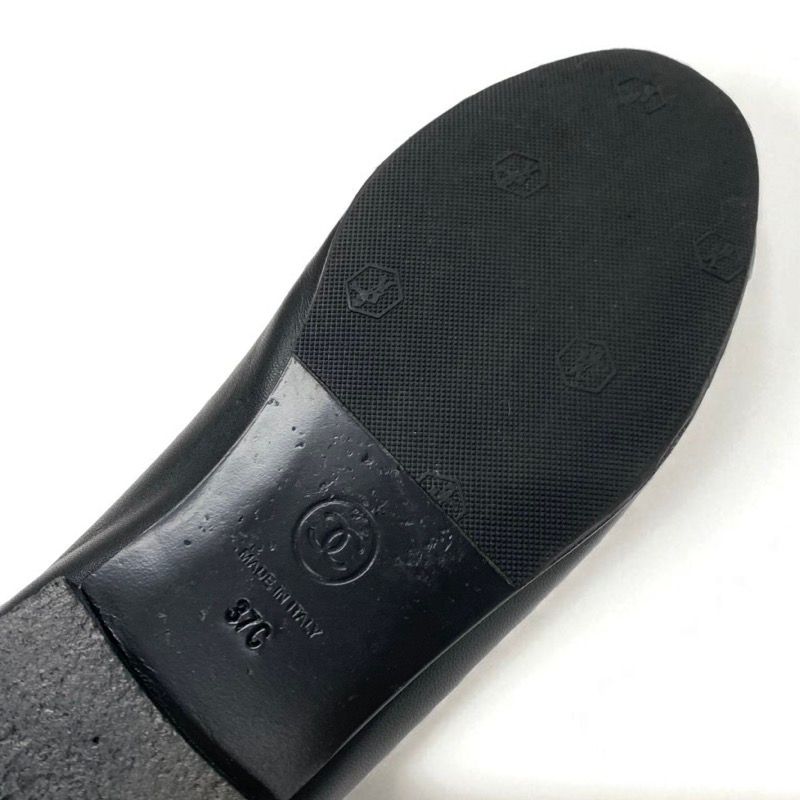 Chanel Flat Shoes Leather Patent Black Here Mark Ribbon Ballerina Ballet Shoes