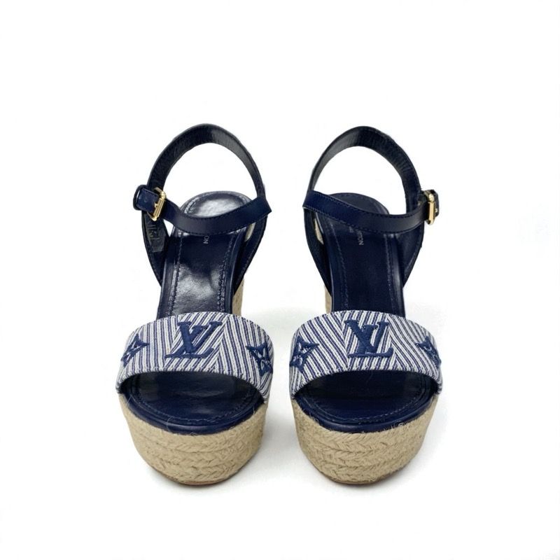 Louis Vuitton Sail Away Line Monogram Sandals Shoes Canvas Leather Navy Wedge