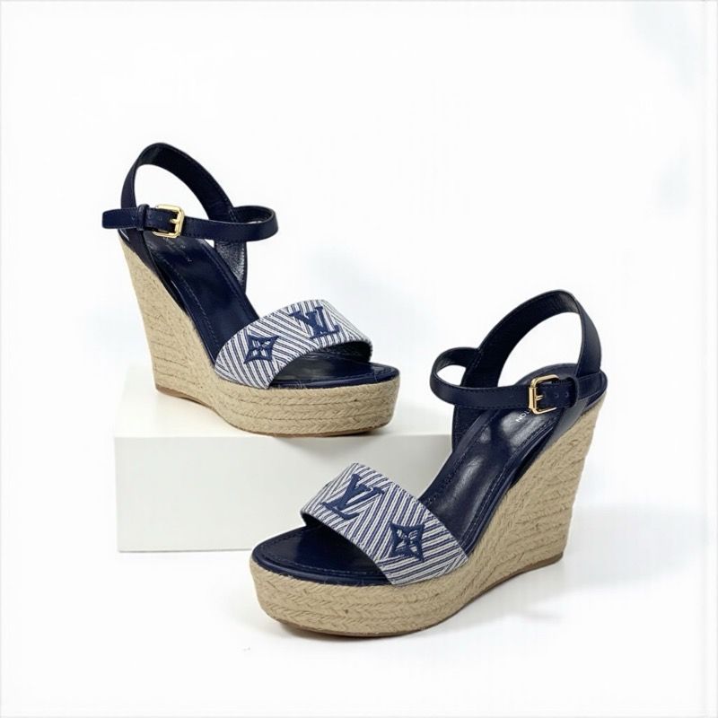 Louis Vuitton Sail Away Line Monogram Sandals Shoes Canvas Leather Navy Wedge