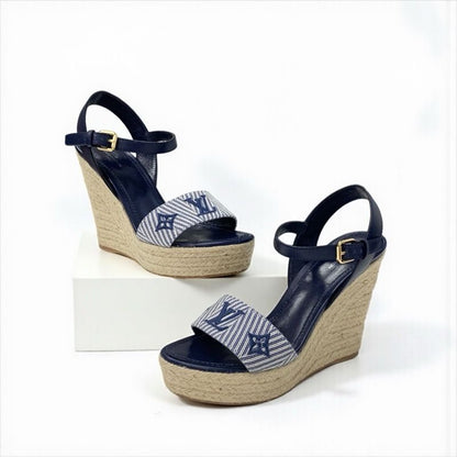 Louis Vuitton Sail Away Line Monogram Sandals Shoes Canvas Leather Navy Wedge