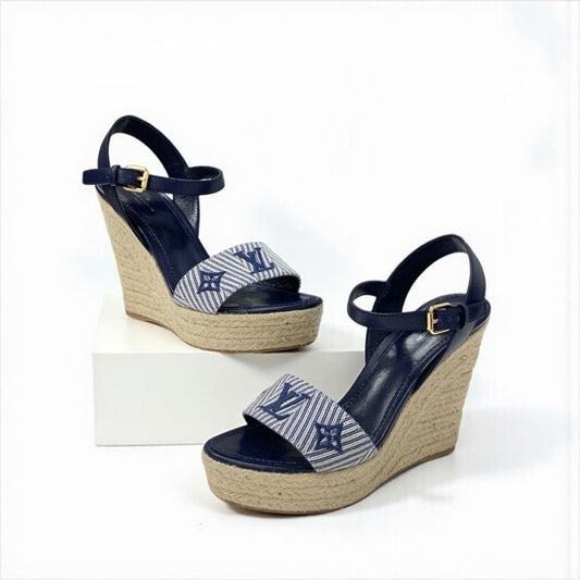 Louis Vuitton Sail Away Line Monogram Sandals Shoes Canvas Leather Navy Wedge