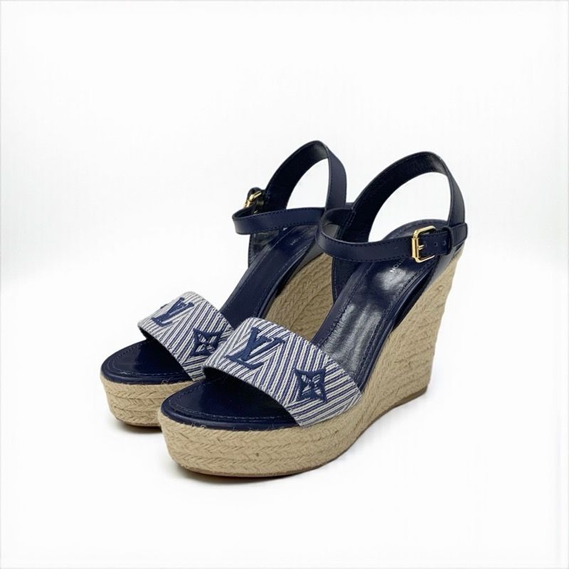 Louis Vuitton Sail Away Line Monogram Sandals Shoes Canvas Leather Navy Wedge